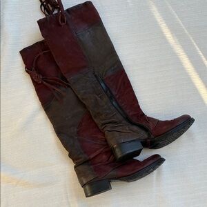 Miz Mooz Two-Tone Burgundy and Brown Patchwork Knee-High Boots
